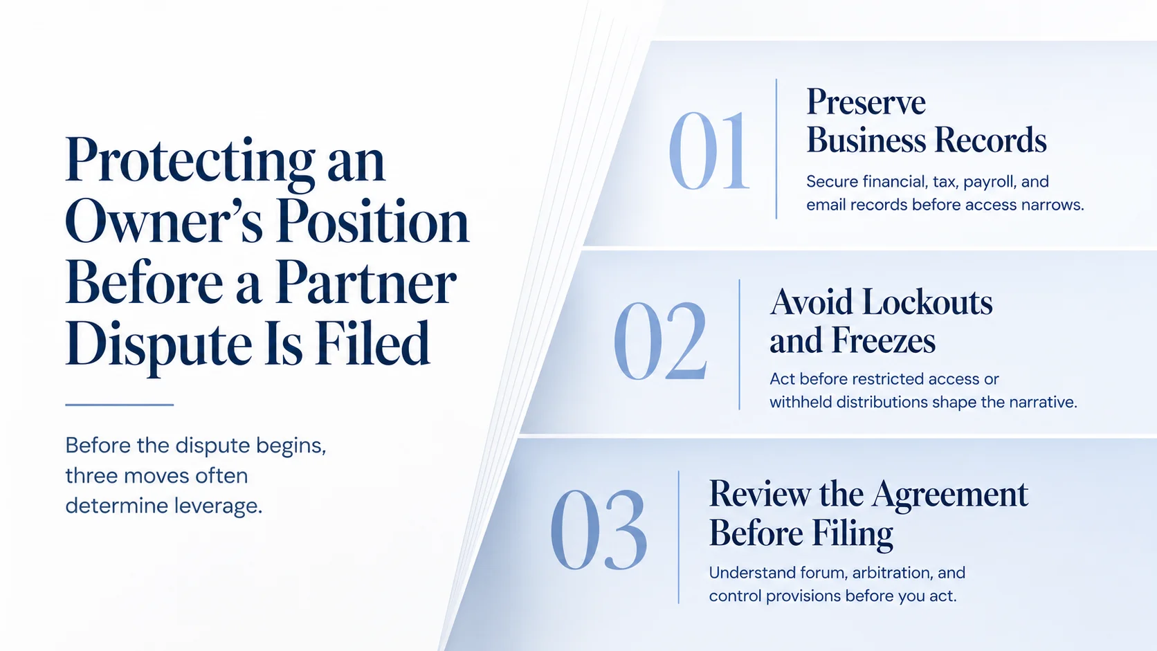 Talk through your options before you act: preserve the records, protect your leverage, review the path forward.