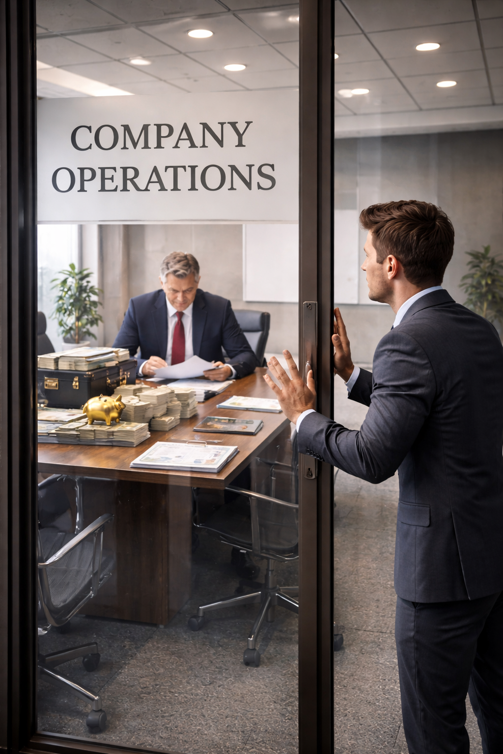 Two business partners seated at opposite ends of a conference table during a partnership dispute