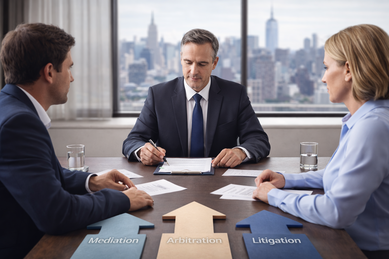 Marked-up operating agreement with highlighted buy-sell provisions on a conference table