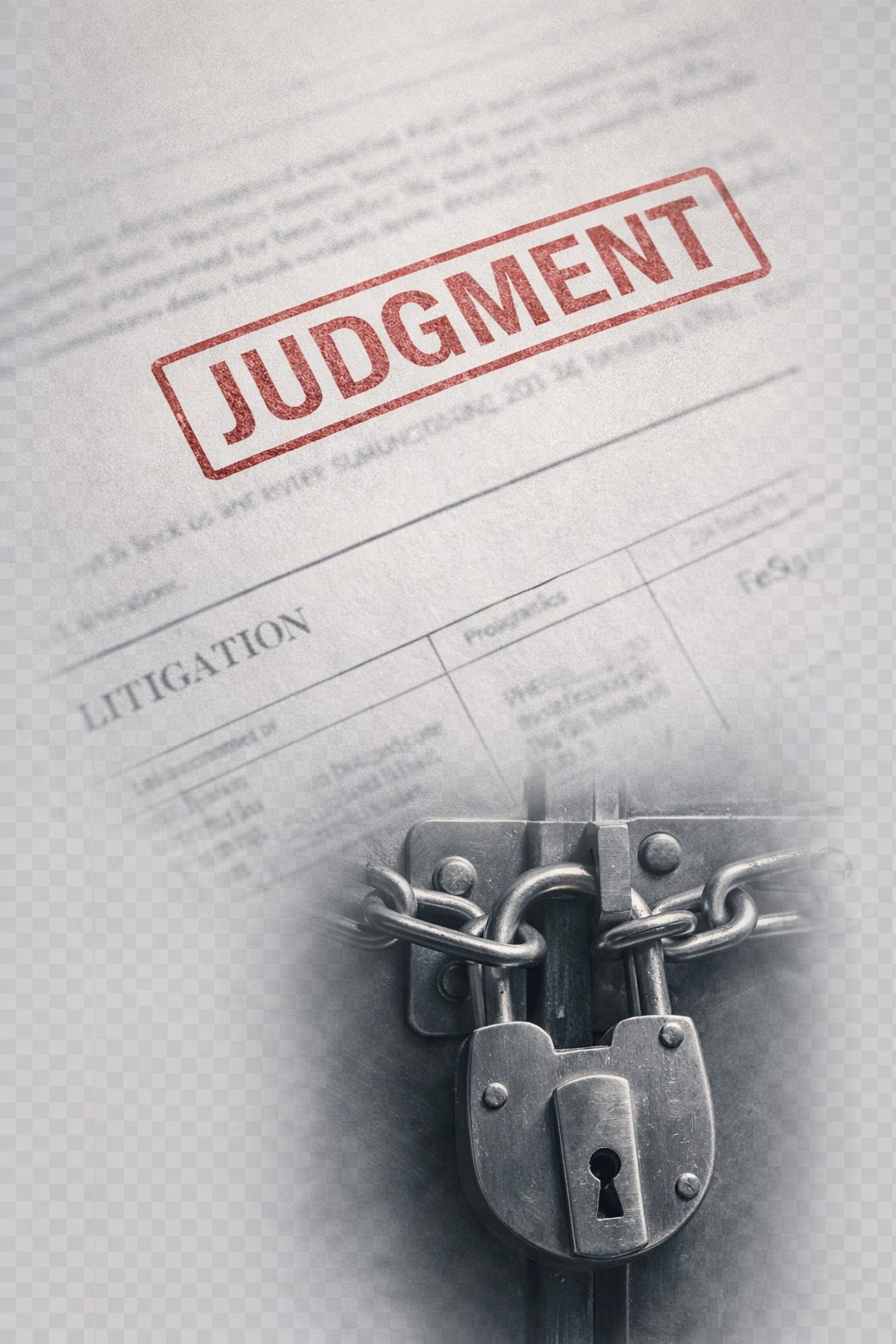 Judgment document and padlock representing debt enforcement