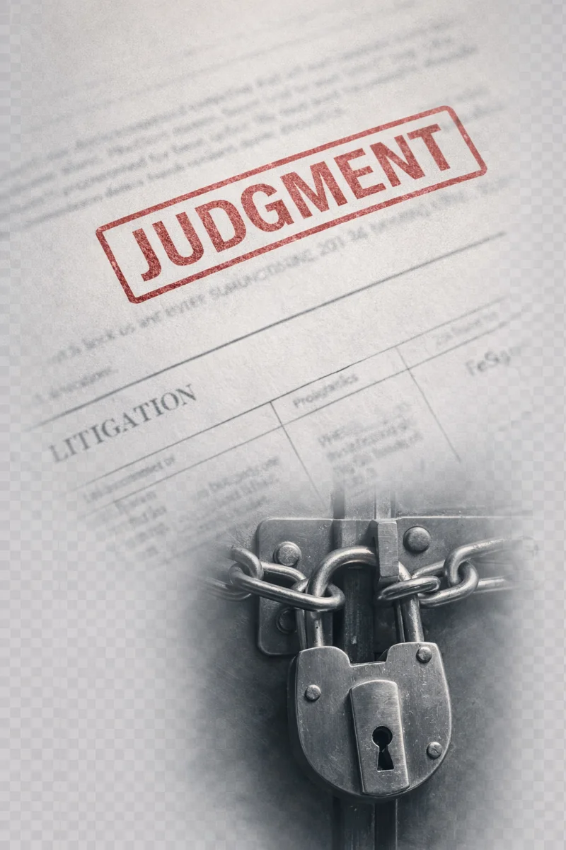 Judgment document and padlock representing debt enforcement