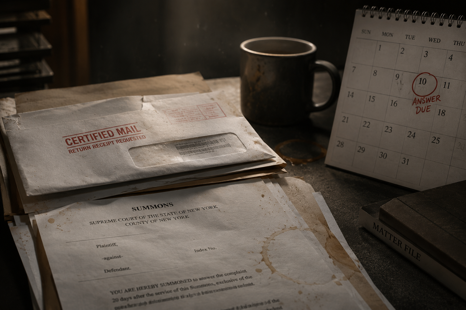 Certified mail envelope and calendar with the answer deadline circled — what a New York business sees before a default judgment is entered.